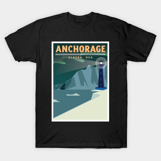 Anchorage, Alaska, USA Ship and Lighthouse T-Shirt by LittleFlairTee